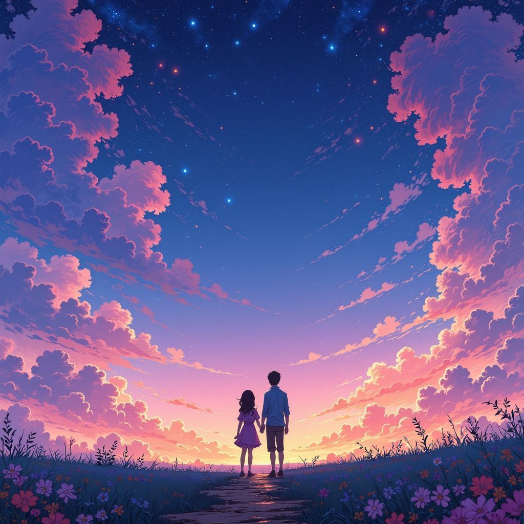 Chillout AI Album Cover — A dreamy illustration of a couple under a twilight sky, hearts glowing softly; Ghibsky style, pastel colors with gentle blues and pinks, ethereal atmosphere, highly detailed and whimsical, capturing the warmth of love and nostalgia, 8k resolution.