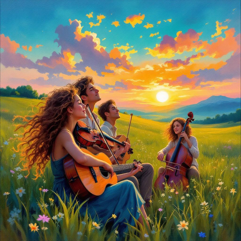 Folk AI Album Cover — An impressionistic view of village musicians playing in an open field at sunset, warm golden light, expressive brushwork, lively and joyful mood, highly detailed, photorealistic aesthetics