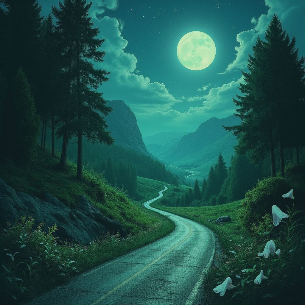 Metal AI Album Cover — A half-illustrated album cover blending surreal landscapes with photorealistic elements, featuring a winding road symbolizing journeys, torn pages and echoes of laughter emerging from shadows; moody atmospheric lighting with deep blues and greens, ethereal details, highly detailed, 8k resolution, TOK aesthetic.