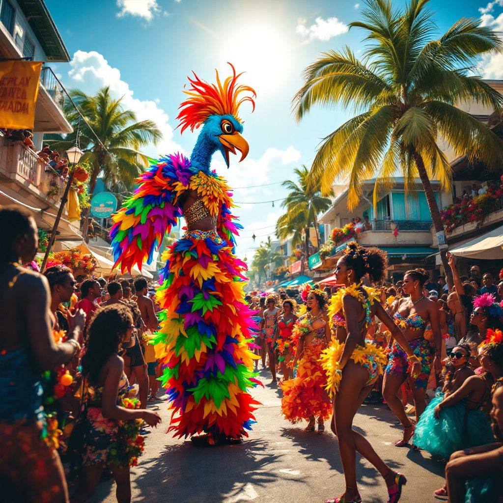 World AI Album Cover — A cheerful Caribbean street carnival, lively mood, crowded with vibrant costumes, sunny and warm, mix of bold tropical colors, sharp detail, cinematic quality, professional