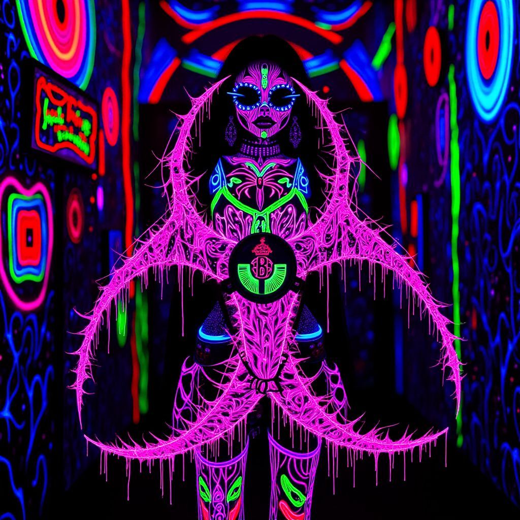 Dance AI Album Cover — A vibrant, psychedelic album cover featuring a bold black light illustration of a female figure intertwined with the biohazard symbol, dripping neon colors and glowing elements, intricate patterns, surreal atmosphere, 8k resolution, highly detailed and provocative design, evocative of danger and allure.