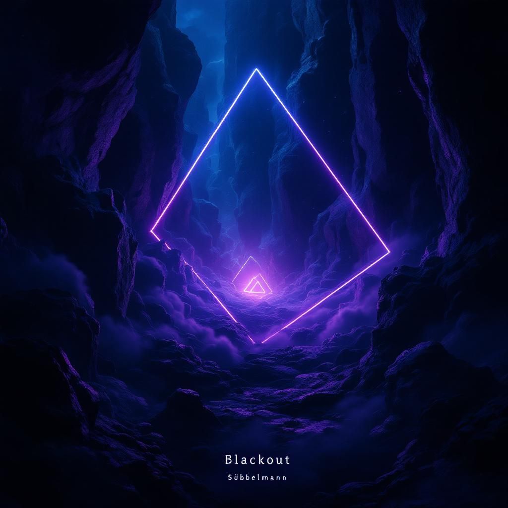 EDM AI Album Cover — A dark, atmospheric EDM album cover titled 'Blackout', featuring neon geometric shapes breaking through shadows; highly detailed, surreal lighting effects with vibrant blues and purples, intricate textures, cinematic ambiance, name 'Sübbelmann' in small font at the bottom, 8k resolution, dramatic and immersive vibe
