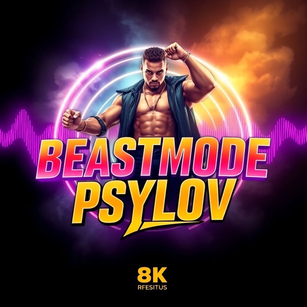 Hip-Hop AI Album Cover — A bold hip-hop album cover featuring a powerful figure in a dynamic pose, surrounded by abstract sound waves and neon lights. The title "Beastmode Psylov" is incorporated stylishly into the design, bright colors like gold and purple dominate the palette, 8k resolution, energetic and fierce atmosphere.