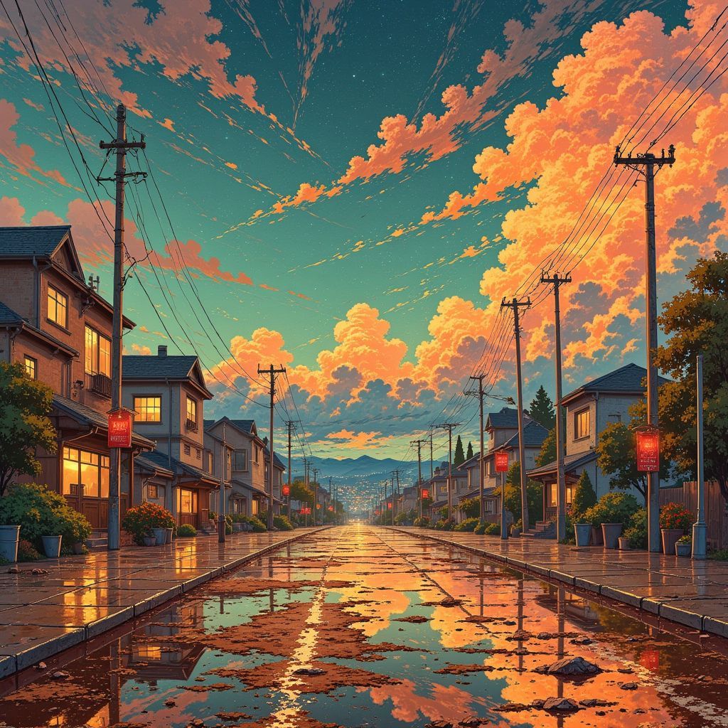 Grunge AI Album Cover — A surreal grunge album cover illustration featuring a dreamy cityscape with abstract shapes, in Ghibsky style; muted tones with splashes of vibrant colors, soft lighting creating a nostalgic atmosphere, highly detailed textures, conveying themes of gratitude and reflection, 8k resolution