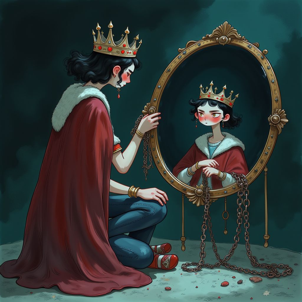 Dance AI Album Cover — A surreal illustration featuring a figure kneeling with a twisted mirror reflecting a dark crown; a chain in hand symbolizing mastery, dramatic and moody lighting, vibrant contrasting colors that evoke tension, highly detailed and photorealistic, 8k resolution, emphasizing themes of power and surrender