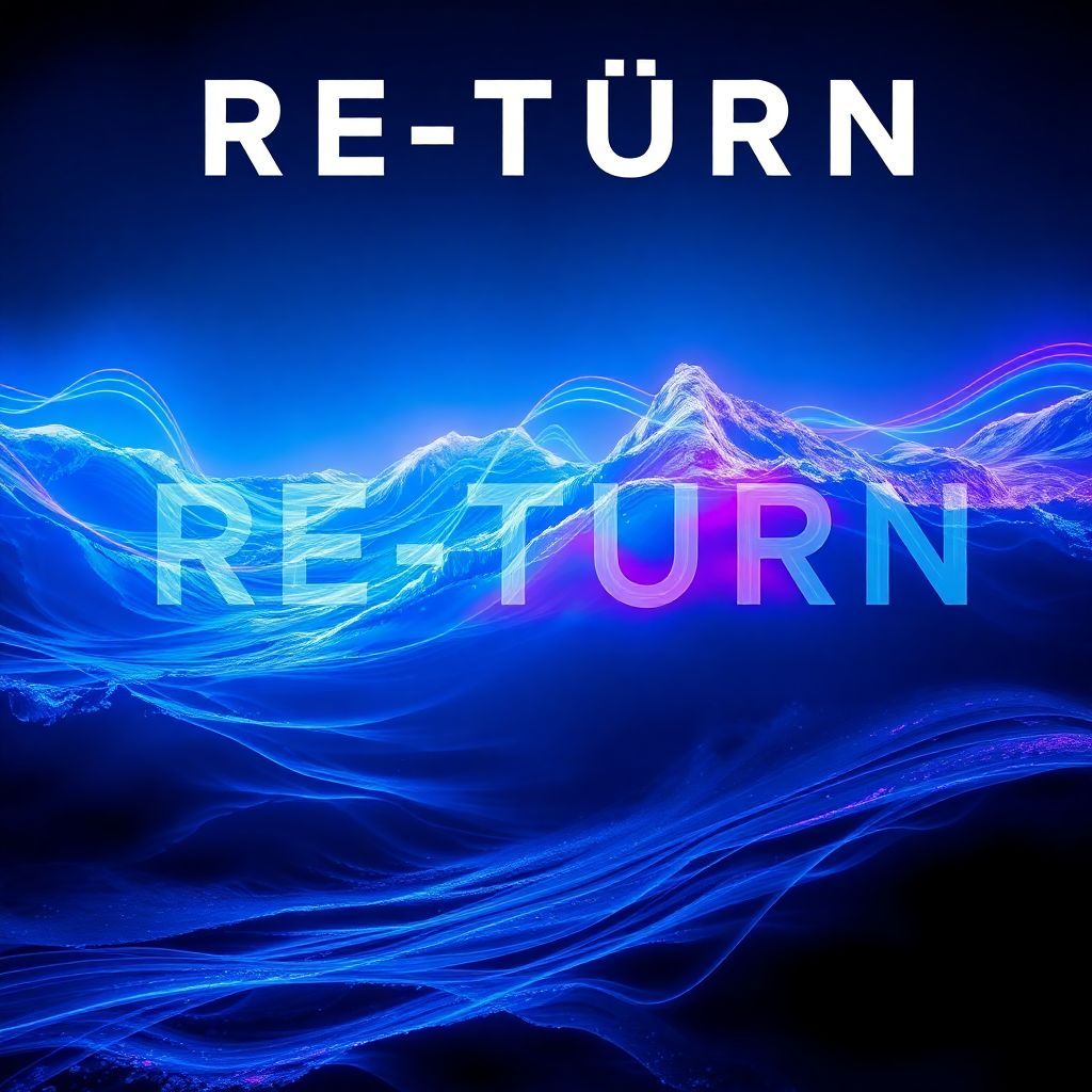 Synth-Pop AI Album Cover — A surreal synth-pop album cover titled "RE-TÜRN" featuring a dreamlike landscape with abstract waves representing dreams and thoughts; vibrant light trails intertwining with shadows, ethereal colors of blue and purple; cinematic lighting, highly detailed, photorealistic quality, incorporating the text "RE-TÜRN" as part of the waves, artistic and emotional atmosphere
