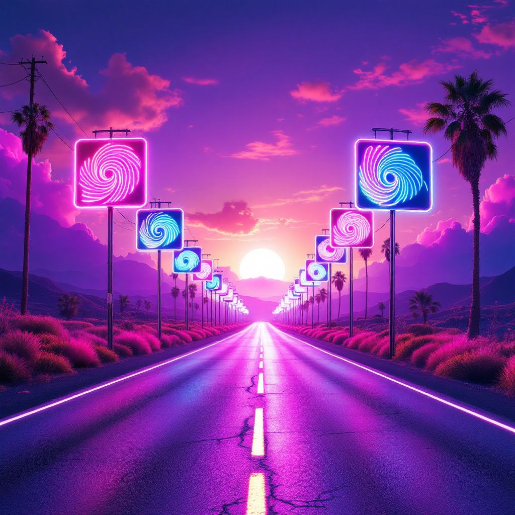 Synth-Pop AI Album Cover — A neon-lit open road at dusk, with glowing street signs, surreal and dreamy style, pastel color palette, highly detailed, 8k resolution