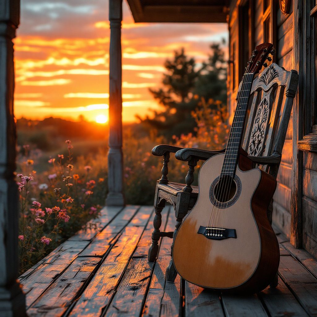 Blues AI Album Cover — Rustic wooden porch at dusk, a guitar leaning against a weathered chair, vintage blues charm, warm earthy palette, soft focus, vibrant sunset hues, professional quality, sharp