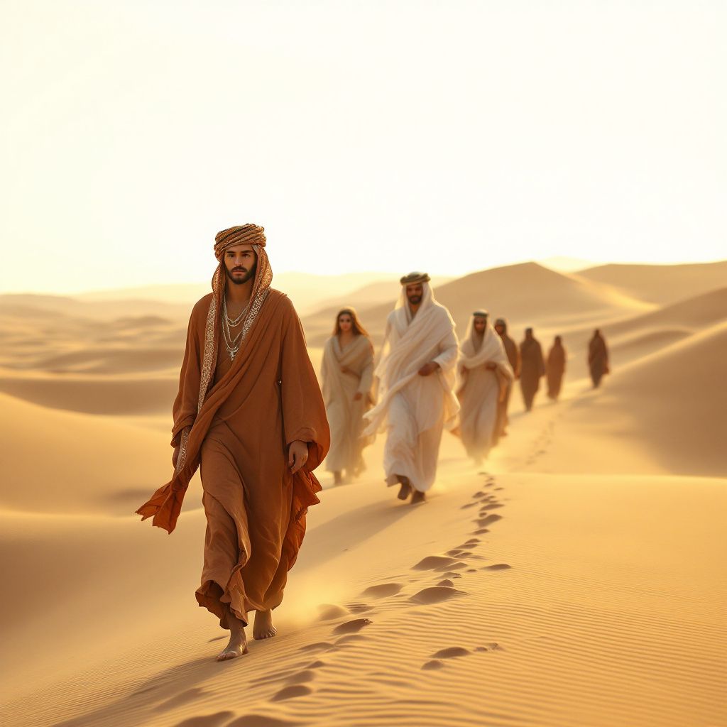 World AI Album Cover — A serene desert landscape with nomads in traditional attire, minimalist style, golden hour light, warm sand tones, smooth gradations of color, high quality, sharp focus