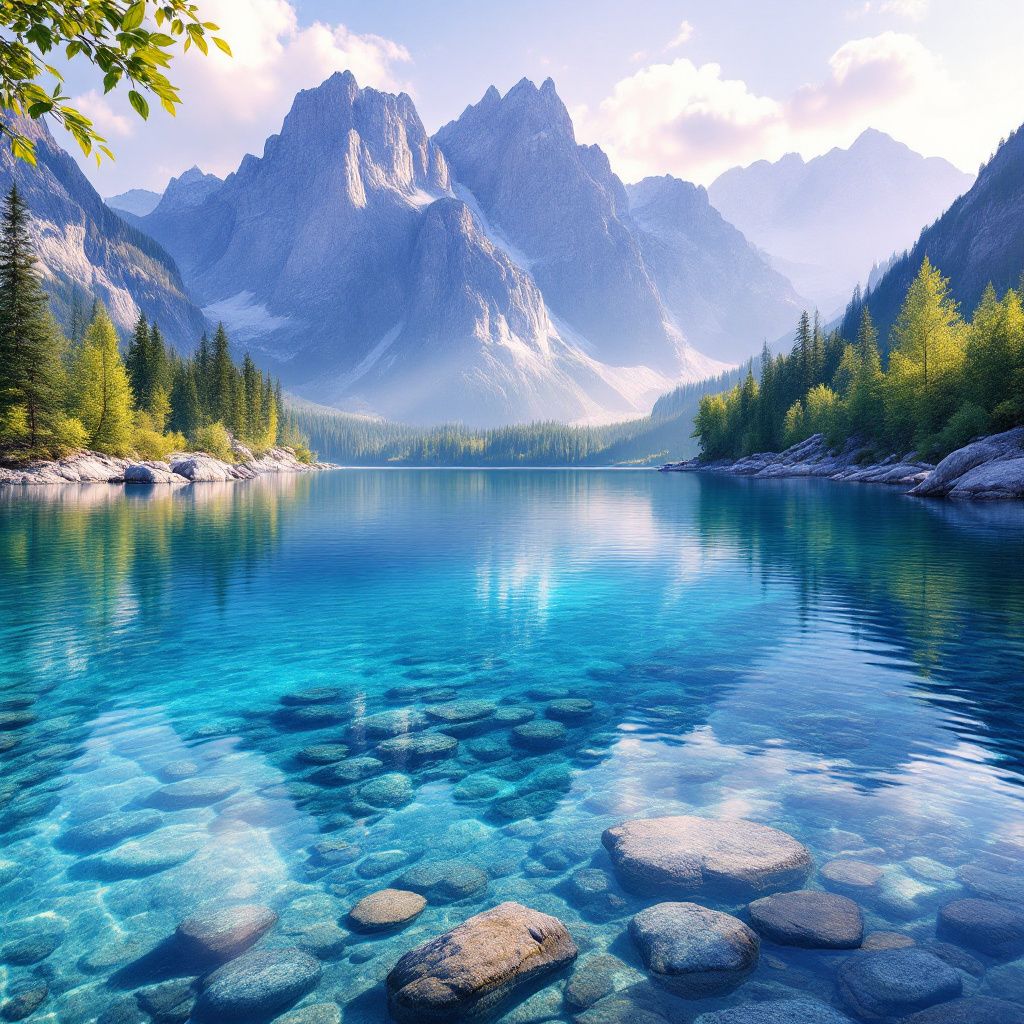 Chillout AI Album Cover — A tranquil lake with mountain reflections, vibrant colors, macro shot, serene and peaceful mood, clear blue and purple tones, sharp details, 8k quality, masterpiece feel