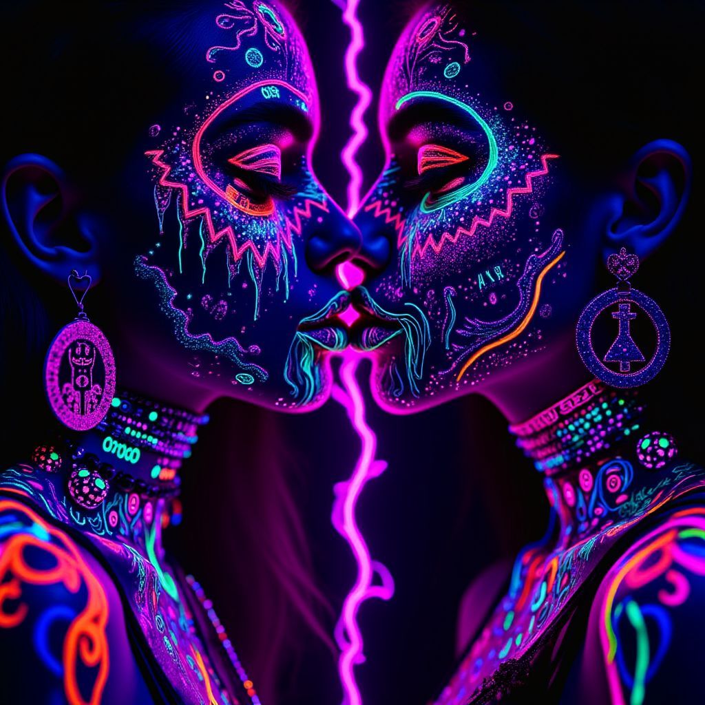 Rock AI Album Cover — A stunning black light illustration for a rock album cover, featuring two lovers split down the center; one side shows them passionately kissing, vibrant colors glowing under UV light, while the other depicts a fierce argument, pulsating with energy; highly detailed, surreal, 8k resolution, emotional depth, with a moody atmosphere.