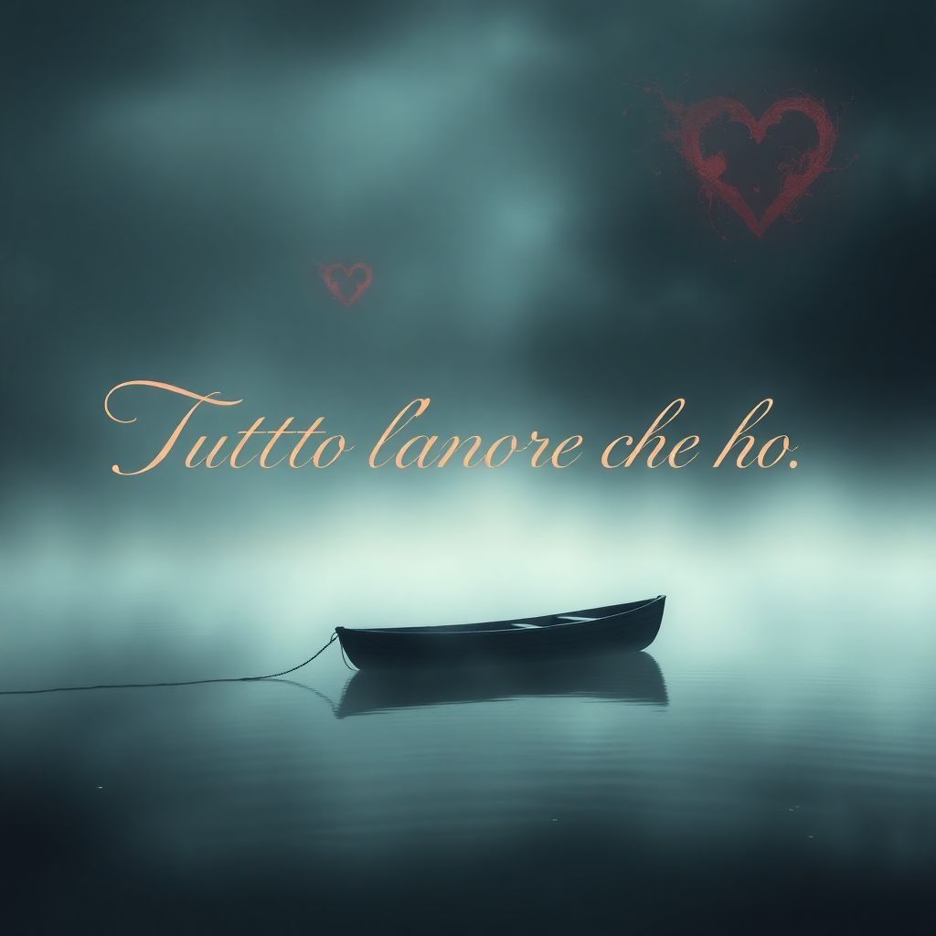 Pop AI Album Cover — A moody, cinematic album cover with a lonely boat floating in a misty lake, surrounded by abstract representations of love; the title "Tutto l'amore che ho" subtly incorporated in flowing script, rich colors, mystical lighting, highly detailed design, 8k quality.
