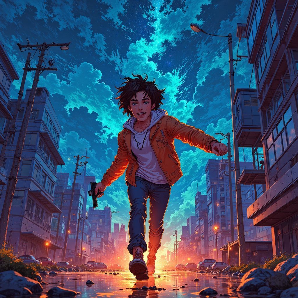 Trap AI Album Cover — A cinematic illustration of a young man dropping his gun while fleeing, in an ethereal Ghibsky style; vibrant color palette with blues and oranges, dreamy lighting with soft shadows, highly detailed background of urban chaos, sense of urgency and emotional turmoil, 8k resolution