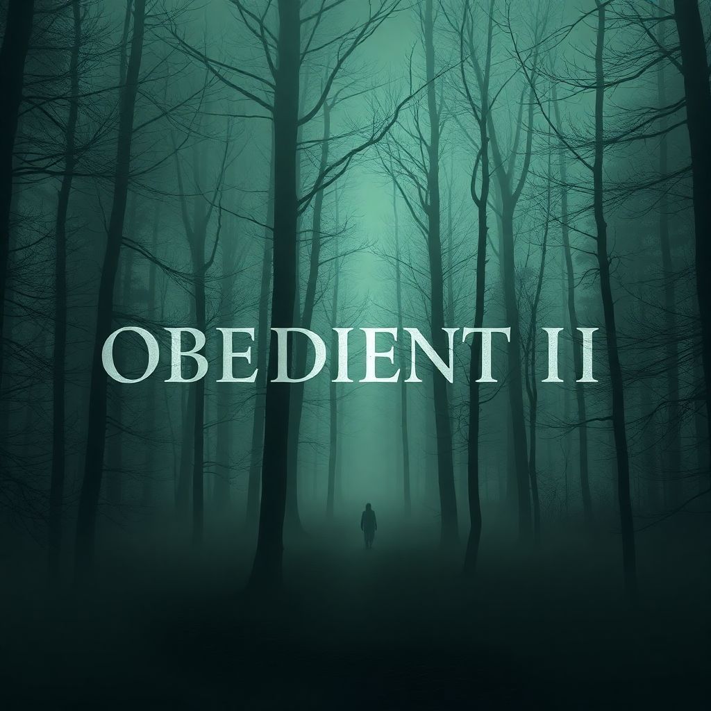 Alternative AI Album Cover — A surreal album cover for 'OBEDIENT II' by 'SIRALFAMINUIT44 x ROMANCIIA', featuring a haunting landscape of a misty forest with shadowy figures. The title seamlessly integrated into the trees, ethereal lighting with deep greens and soft grays, highly detailed and atmospheric, 8k, reflecting themes of obedience and nature.