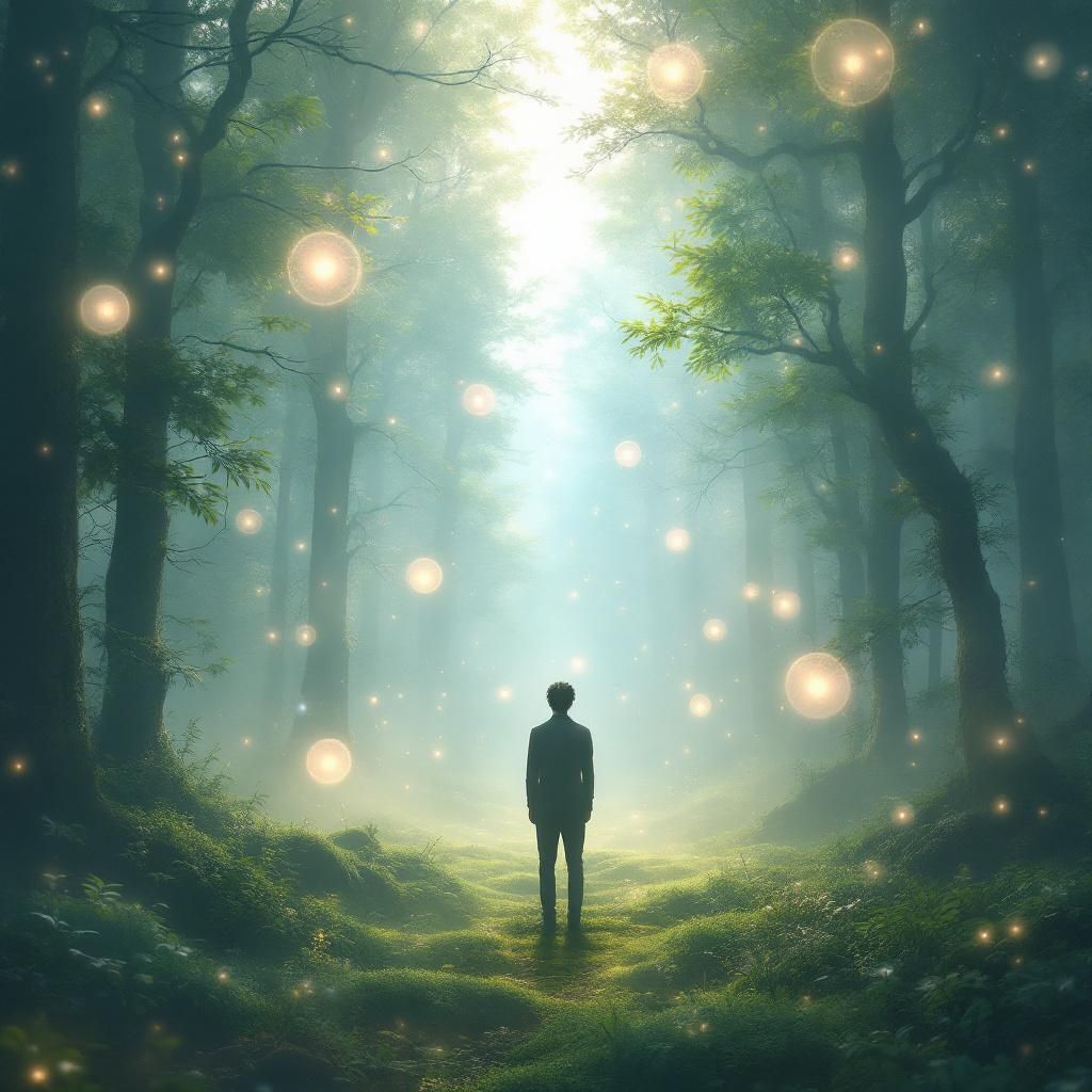 Alternative AI Album Cover — A surreal album cover for 'OBEDIENT II' with an ethereal landscape, featuring a silhouette of a person standing in a misty forest; soft pastel hues with vibrant greens and blues, dreamy lighting with glowing orbs, highly detailed and photorealistic, capturing a sense of introspection and transformation.