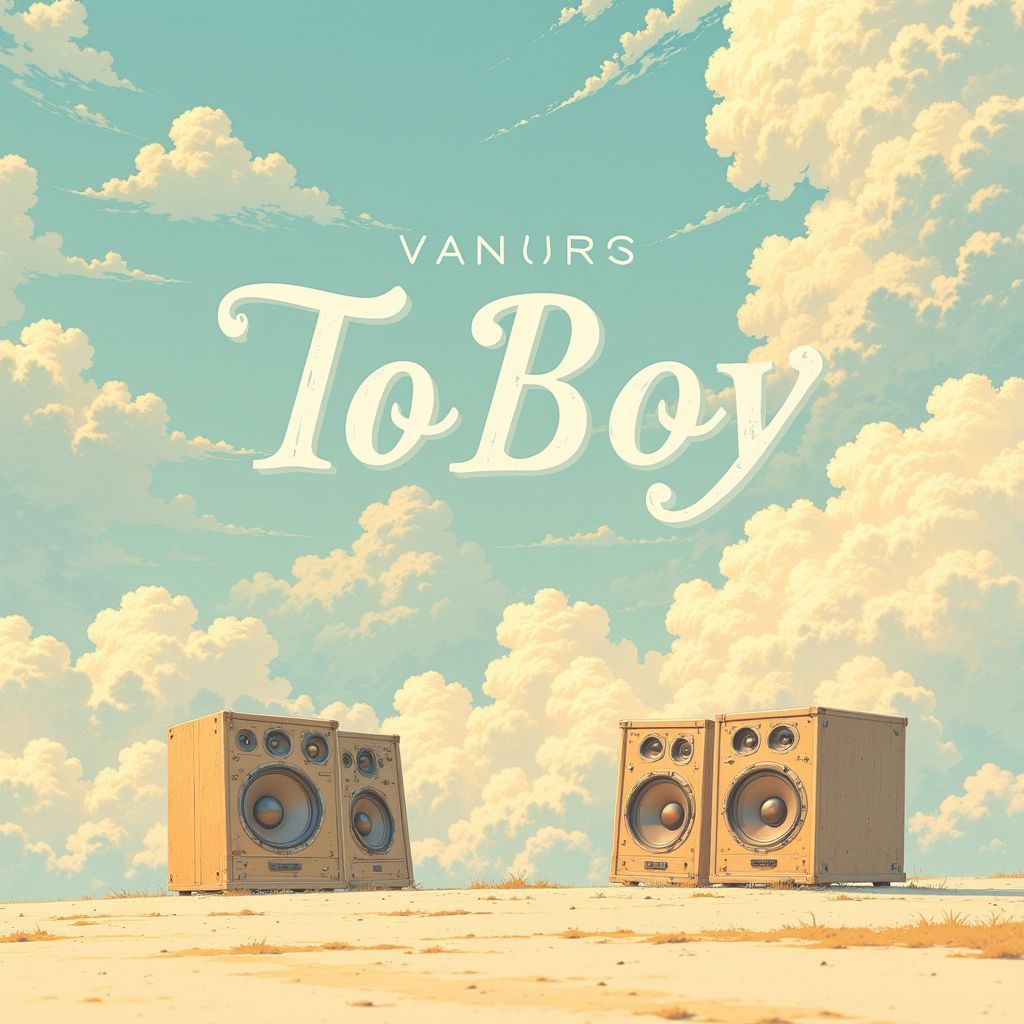 Soul AI Album Cover — A calming album cover for 'Totoy Bibo' featuring vintage stereo speakers emitting soft sound ripples; pastel tones of light blues, warm beige, and gentle cream; minimalist design with elegant serif typography, soothing atmosphere, highly detailed, dreamy style, 8k resolution