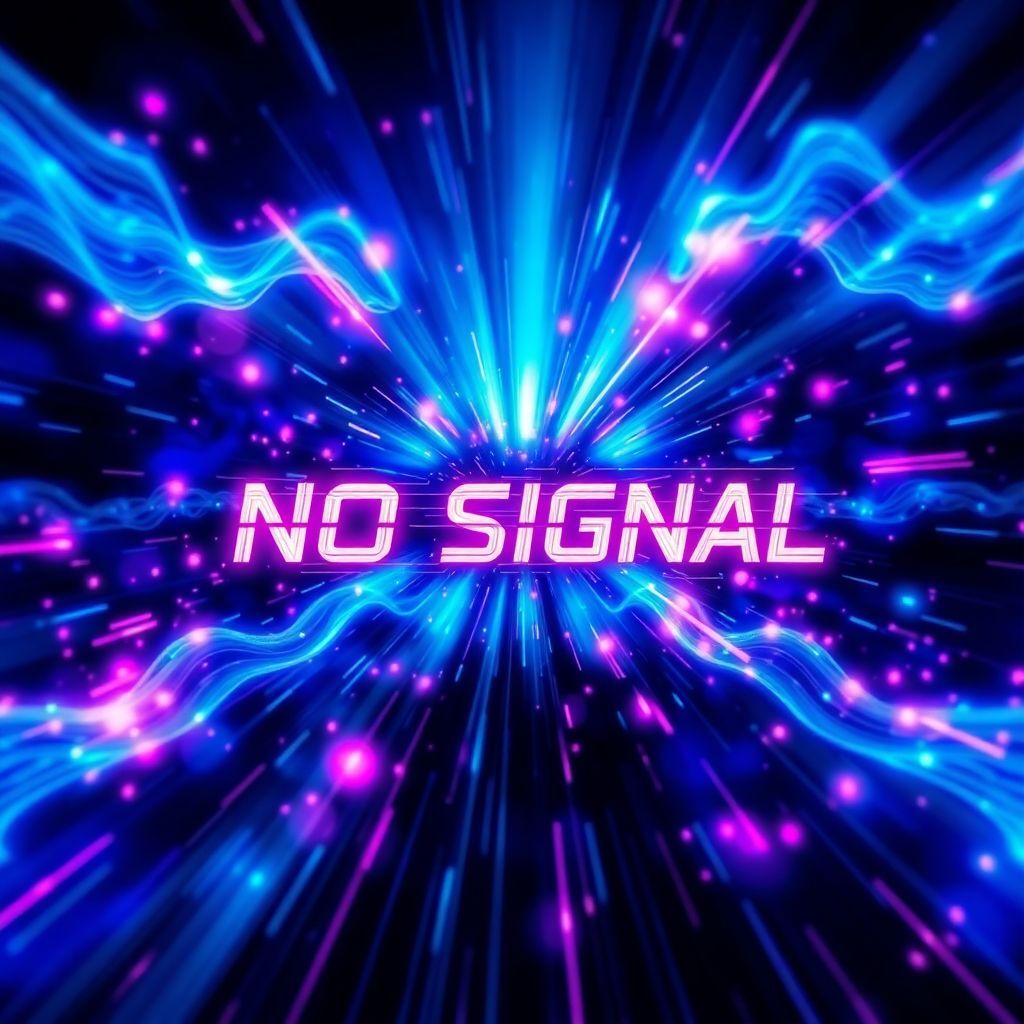 EDM AI Album Cover — A dynamic EDM album cover with a central, glitchy text reading "No Signal" in neon colors, surrounded by abstract waveforms and bursts of light; psychedelic visual style with vibrant blues and purples, creating an electric and captivating atmosphere, highly detailed, 8k resolution, sharp focus, evoking a sense of digital disconnection and excitement