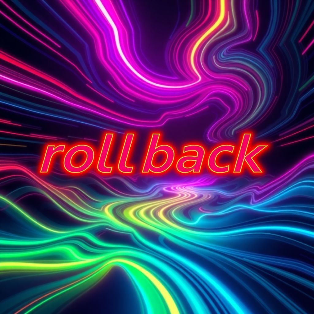 Techno AI Album Cover — A hypnotic techno album cover for the title "rollback", featuring an abstract, swirling black and neon colored landscape, incorporating rhythmic wave patterns and dynamic motion lines; clear futuristic typography for the title, vibrant color gradients emphasizing energy and movement, highly detailed, 8k resolution, immersive and club-like atmosphere