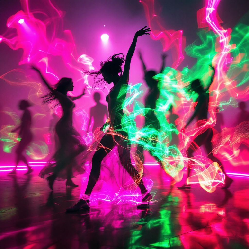 Disco AI Album Cover — neon-lit dance floor with silhouetted figures, abstract visual, long exposure effect, energetic atmosphere, neon pinks and greens, highly detailed, surreal light trails, ethereal feel, photorealistic quality