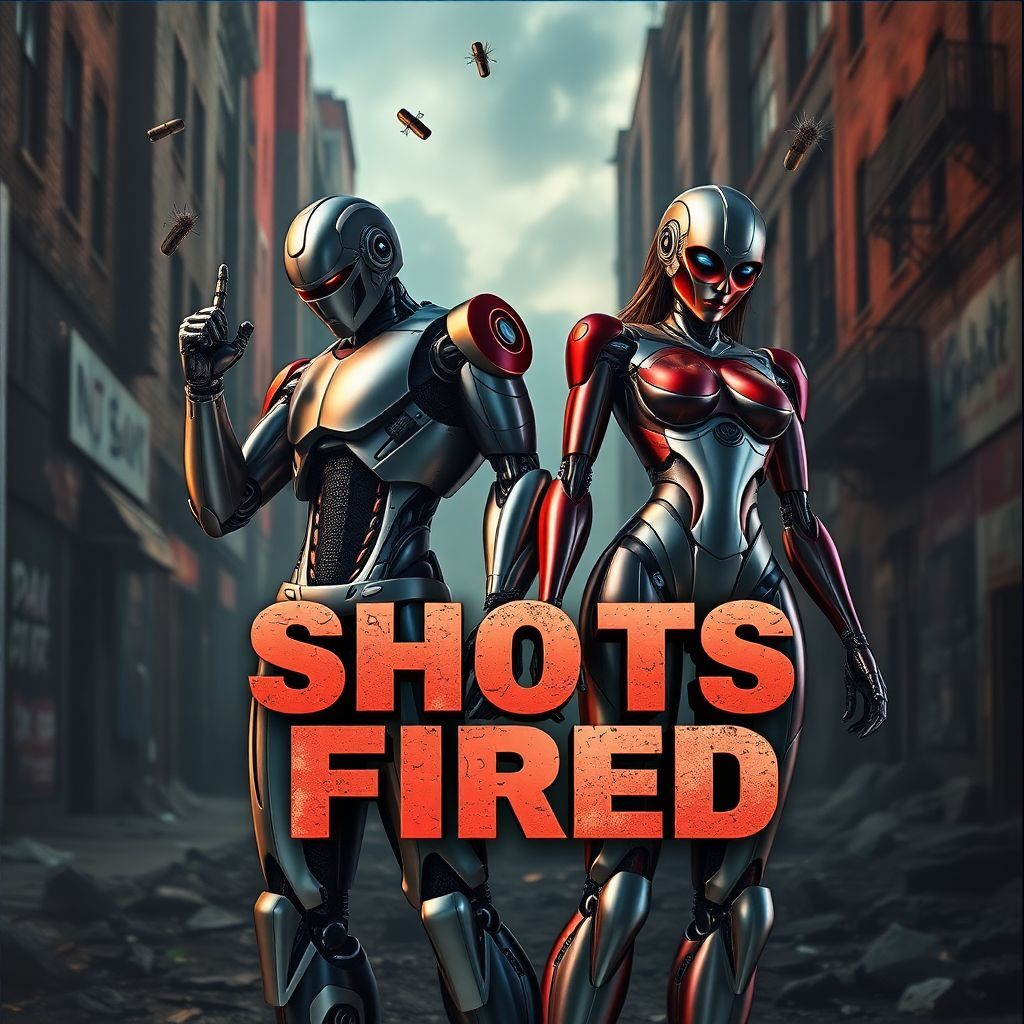 Rap AI Album Cover — A striking album cover featuring a male and female robot standing resiliently despite visible bullet holes, surrounded by a gritty urban landscape; photorealistic style, dramatic lighting with shadows, vibrant colors contrasting with the metallic sheen of the robots; the title "Shots Fired" integrated into the design with bold typography that reflects the energy of rap, high quality, 8k resolution, intense and empowering atmosphere.