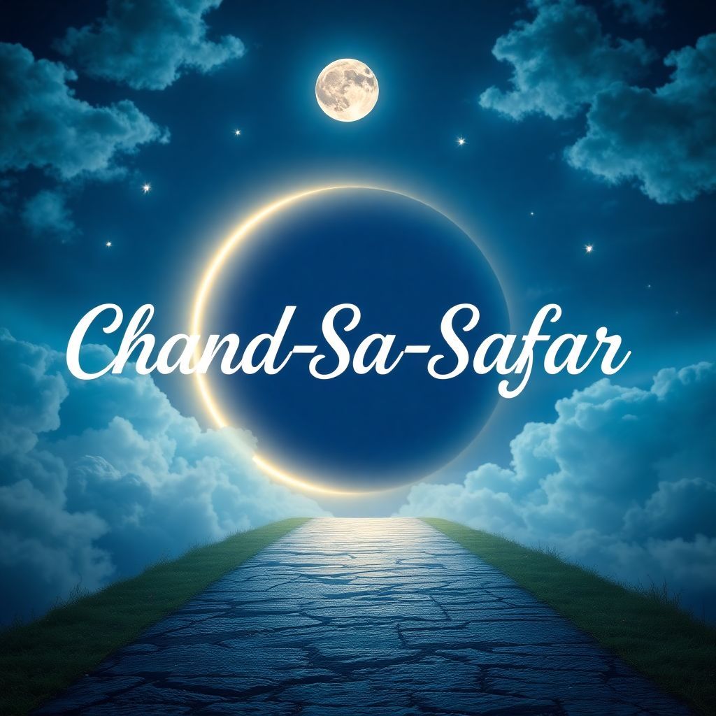 Soul AI Album Cover — A dreamy album cover for 'Chand-Sa-Safar,' featuring a serene moonlit pathway surrounded by ethereal elements like soft clouds and twinkling stars. The title 'Chand-Sa-Safar' is elegantly integrated into the sky, illuminated by a gentle glow; vibrant blues and silvers, high quality, photorealistic, evokes feelings of love and nostalgia, 8k resolution.