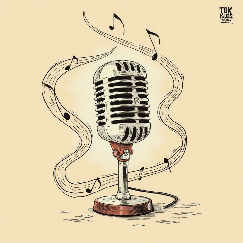 Blues AI Album Cover — A serene album cover for a blues song titled 'Afsana', featuring a hand-drawn line sketch of a vintage microphone surrounded by abstract waves and musical notes on a beige background; soft, warm lighting creates an inviting atmosphere, emphasis on breeziness and simplicity, 8k resolution, highly detailed, blending illustrated and photographic elements