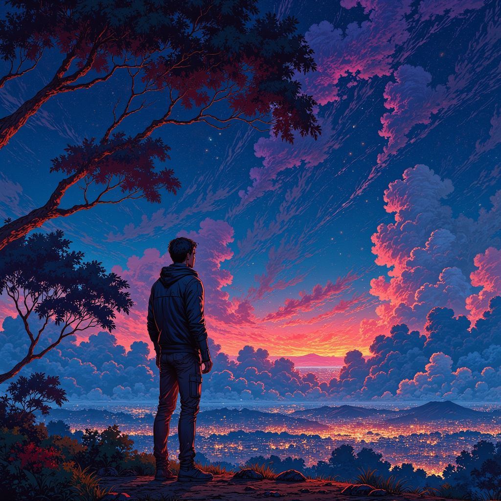 Rap AI Album Cover — A vibrant illustration depicting a powerful figure gazing at a city enveloped in shadows, contrasting light outlining their silhouette; surreal style echoing themes of hope and struggle, dynamic poses, rich blues and deep reds, highly detailed, ethereal atmosphere, 8k resolution.