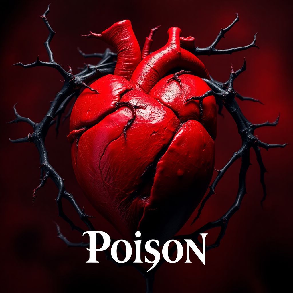 Trap AI Album Cover — A surreal album cover for 'Poison', featuring a close-up of a heart entwined with thorny vines; deep red and black color palette evokes danger and addiction, ethereal lighting creates a haunting atmosphere; incorporates the title 'Poison' in bold, stylized typography that integrates seamlessly into the design; highly detailed and photorealistic, 8k resolution