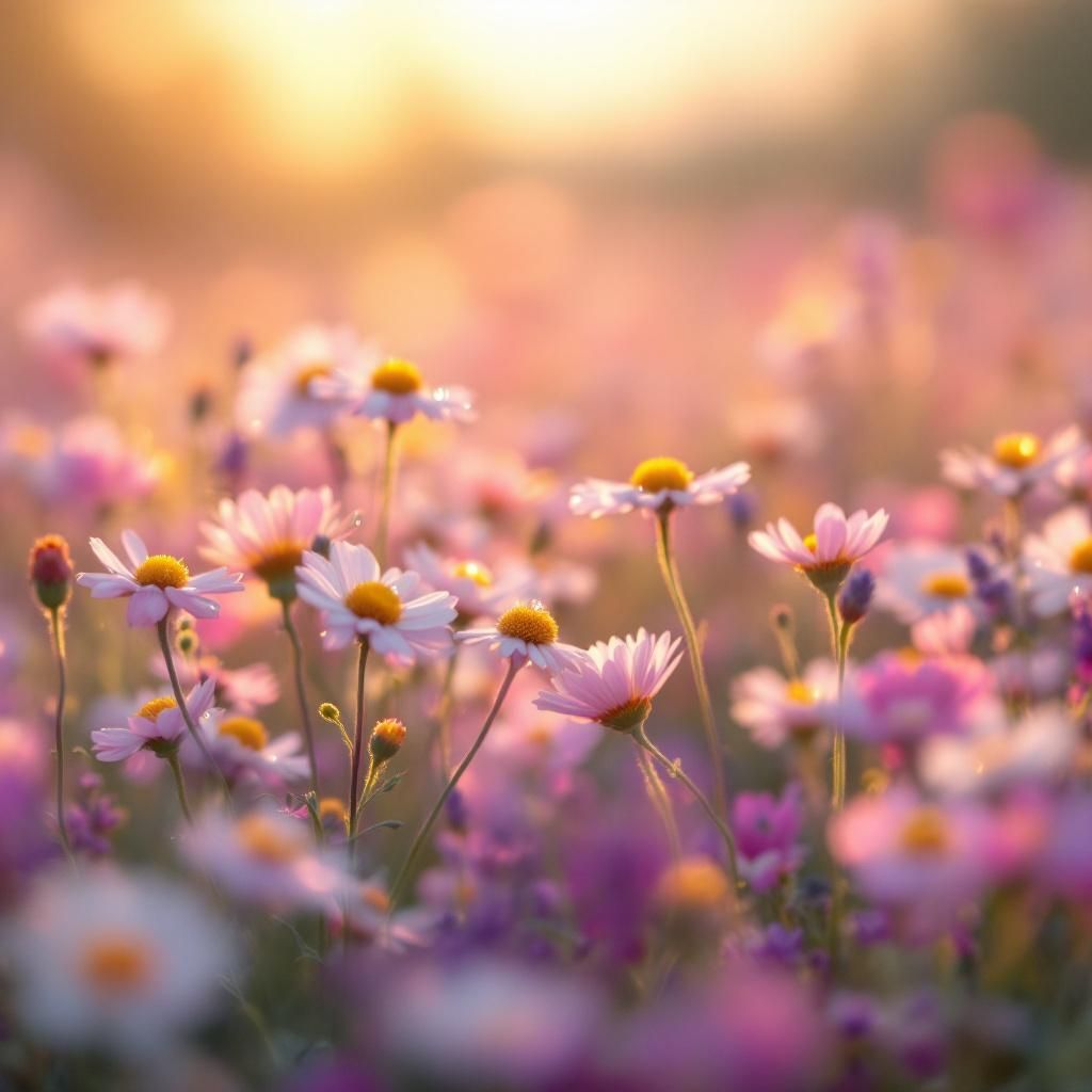 Country AI Album Cover — A close-up of a field of wildflowers swaying in a gentle breeze, warm sunset colors, dreamy bokeh effect, country charm, soft pinks and yellows, ethereal and vibrant lighting, highly detailed, 8k resolution, nostalgic feel