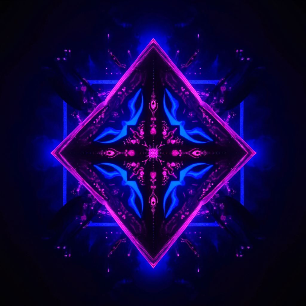 Techno AI Album Cover — A minimalist black light album cover for 'dark Techno ™', featuring a glowing geometric shape in the center, surrounded by ethereal shadows and abstract patterns; vibrant neon colors of deep blue and electric purple, moody lighting, surreal atmosphere, 8k resolution, highly detailed with sharp focus
