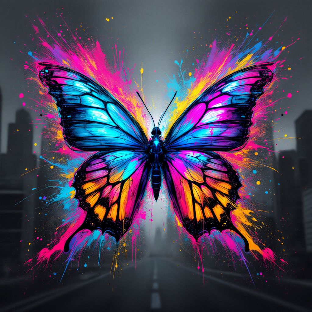 Punk AI Album Cover — A punk music album cover featuring a vibrant butterfly with graffiti textures, surrounded by colorful explosions of paint; dynamic composition with a moody urban backdrop, sharp focus, highly detailed, 8k resolution; capturing themes of freedom and rebellion, bold and chaotic colors like neon pink, electric blue, and bright yellow, reflecting the punk genre.
