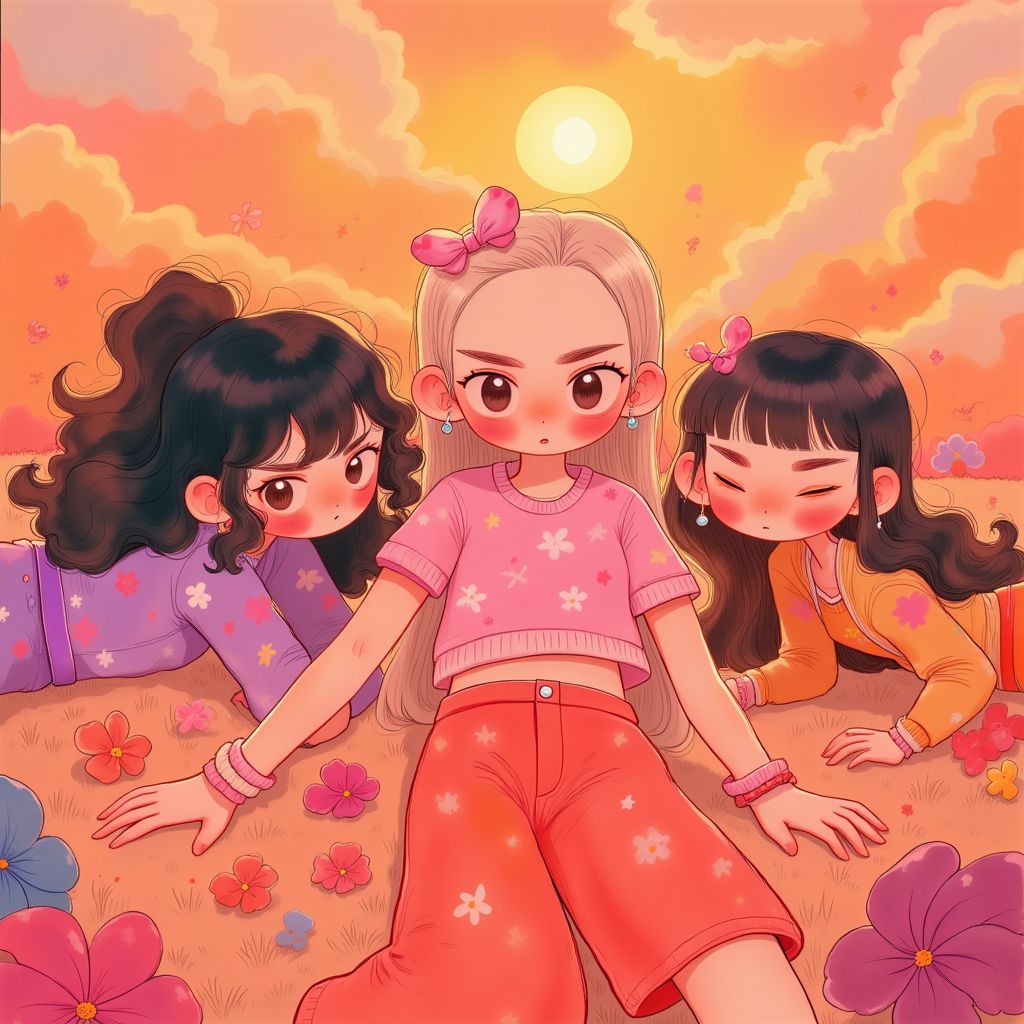 K-Pop AI Album Cover — A vibrant K-pop album cover featuring strong, energetic girls laying on the ground in a hot, chaotic environment; whimsical illustration style with cute expressions, bright colors like pink and orange, highly detailed, cinematic lighting, and a surreal atmosphere, capturing emotional uncertainty, 8k resolution.