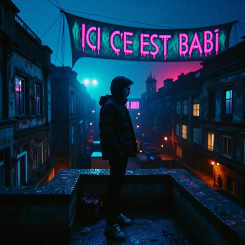Rap AI Album Cover — A gritty album cover featuring a lonely young man in a black puffer jacket on a rooftop at night, surrounded by old apartment buildings, vibrant, moody blue-grey tones, rain-soaked city lights in the background, dramatic cinematic lighting, grainy texture, large graffiti saying 'ICI C’EST MABØ' above, high detail, photorealistic, emotional and mysterious atmosphere, high quality, square format, capturing a stylish French trap vibe.