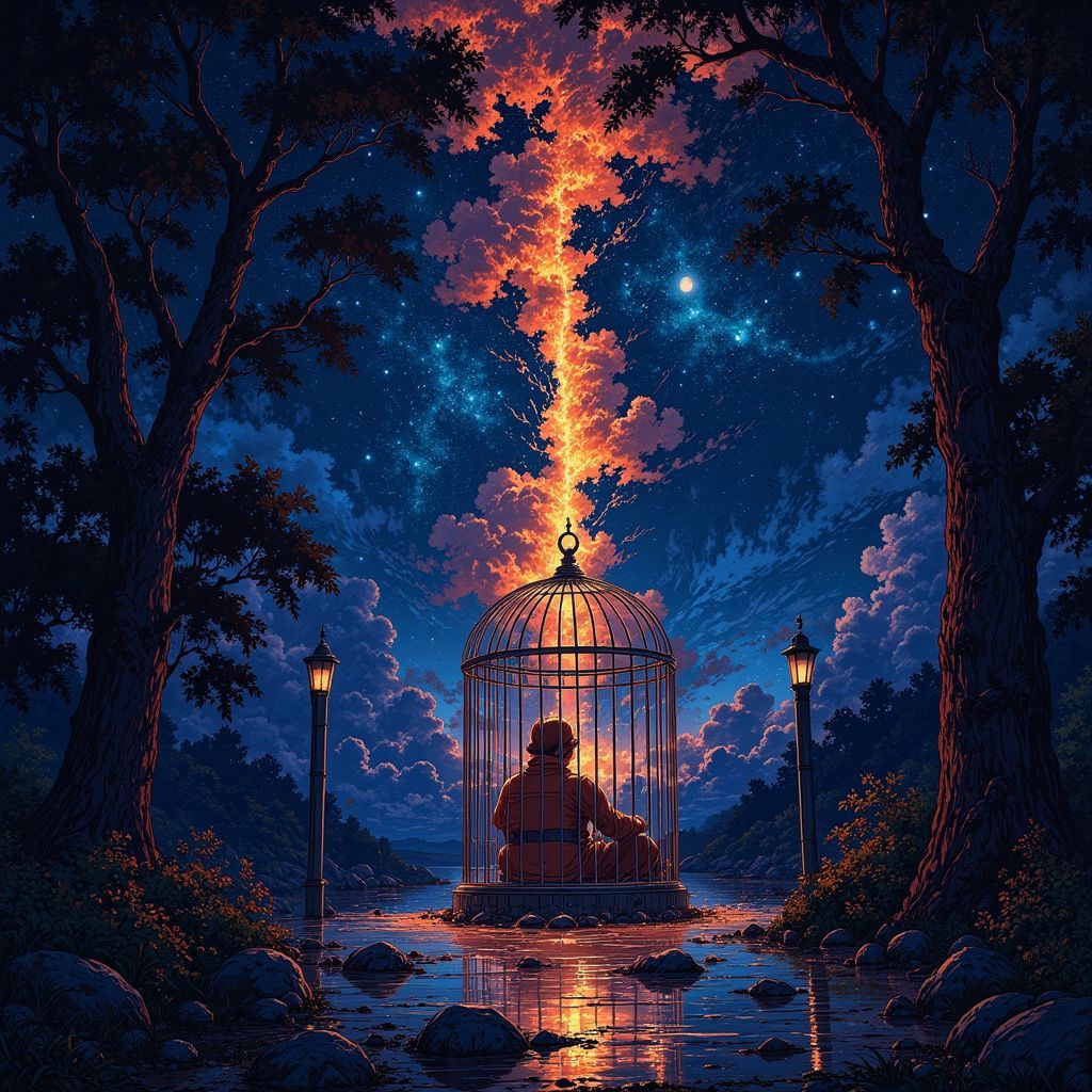 Soul AI Album Cover — A surreal album cover depicting a trapped figure in a dimly lit cage, surrounded by swirling shadows and glowing stars; dreamlike atmosphere, rich blues and purples contrasted with warm golden light, highly detailed and ethereal style, reflecting deep emotions and past regrets, 8K resolution, cinematic quality