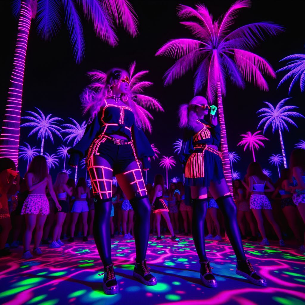 Reggaeton AI Album Cover — A vibrant reggaeton album cover featuring a stylized tropical beach party under a black light; energetic dancers in neon outfits, luminous palm trees glowing in bright colors, dynamic movement and joyful expressions, surreal and psychedelic atmosphere, high quality, 8k resolution