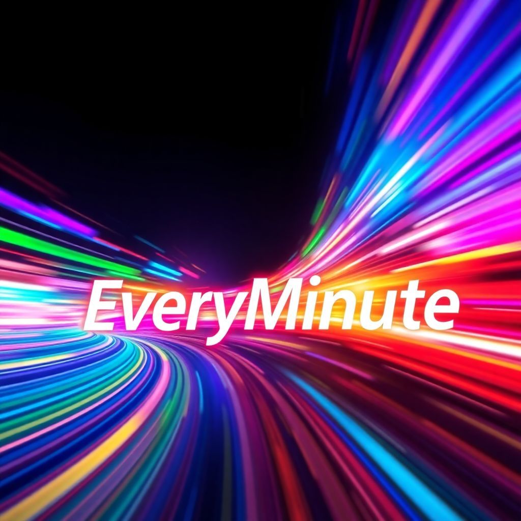 Dance AI Album Cover — A vibrant dance album cover featuring abstract swirls of color representing movement, the title "EveryMinute" integrated into the design with dynamic typography; psychedelic visual style, energetic atmosphere, bright neon colors, highly detailed, 8k resolution, capturing the essence of rhythm and time.