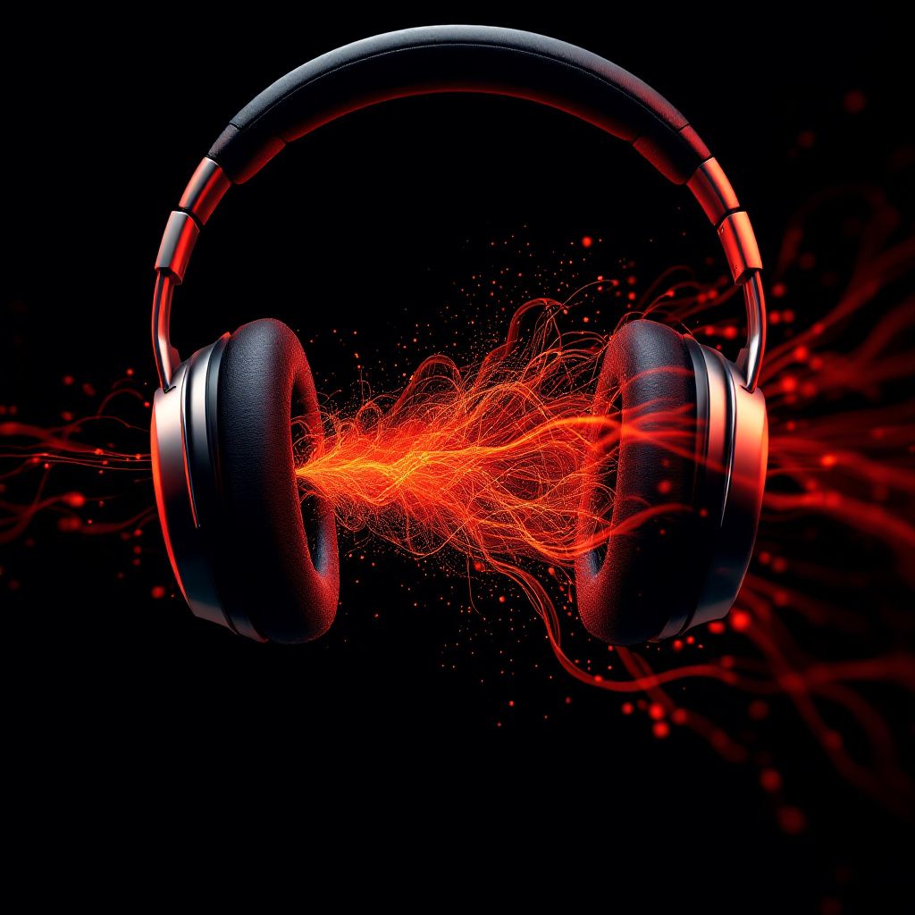 EDM AI Album Cover — Abstract sound waves emerging from headphones, surreal and minimalist, close-up shot, bold reds and oranges, luminous glow and intricate detail