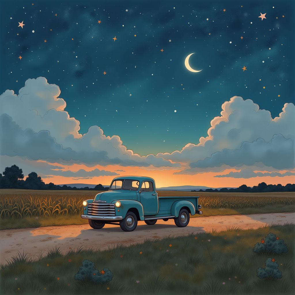 Country AI Album Cover — A whimsical country album cover featuring a vintage pickup truck parked on a gravel road under starry skies; warm twilight lighting, soft focus details, dreamy atmosphere, surrounded by fields of corn, subtle pastel colors, nostalgic feel, 8k resolution, highly detailed, capturing the bittersweet emotions of love and home.