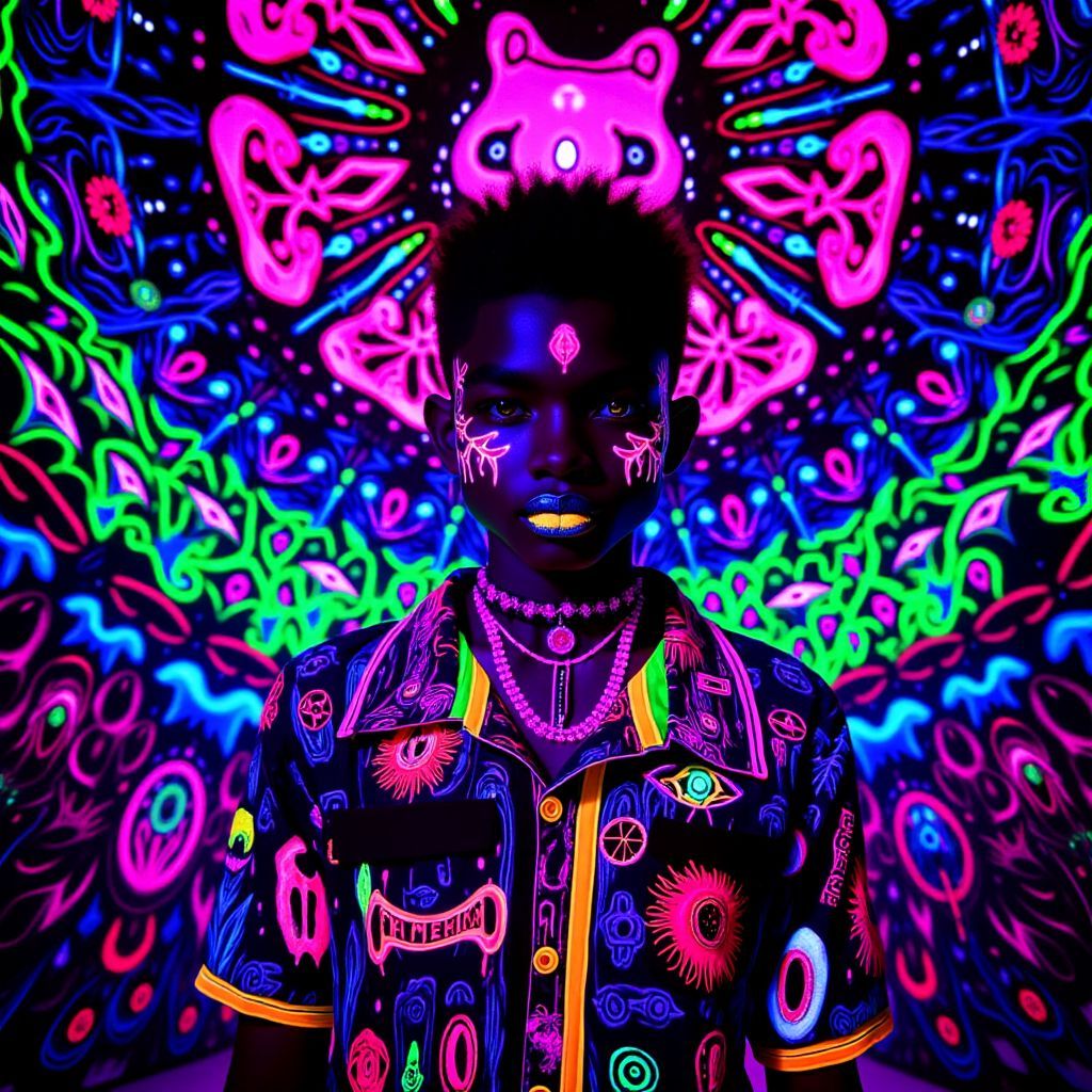 Afrobeat AI Album Cover — A vibrant black light album cover for 'Tormenting', featuring a boy surrounded by swirling neon colors, symbolizing his emotional turmoil; psychedelic patterns and dreamlike elements in the background, high contrast, ethereal lighting, highly detailed illustration, 8k resolution, capturing the essence of afrobeat rhythms.