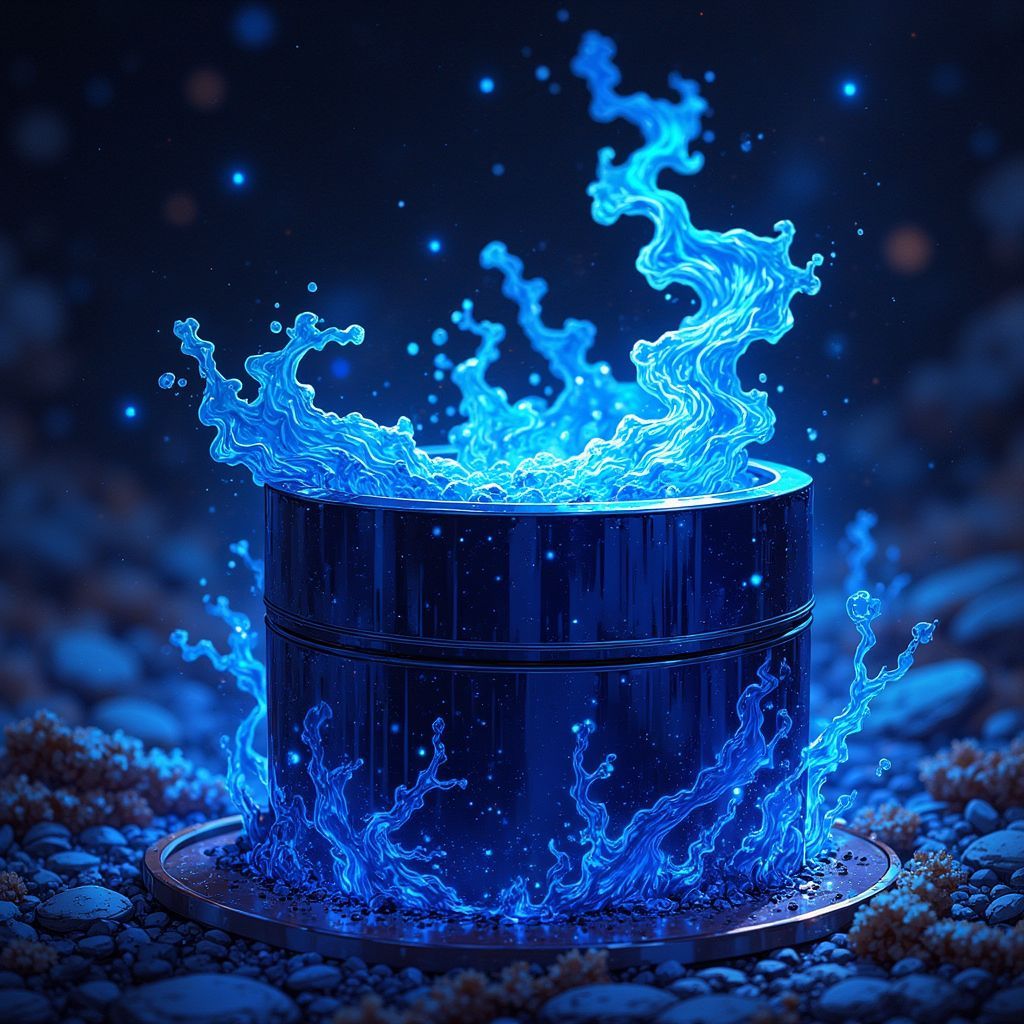 K-Pop AI Album Cover — A stunning illustration of a matte obsidian box, a glass mask half-submerged in swirling azure ink, minimalist silver typography reading 'midnight palette'; ethereal and dreamy style, vibrant colors with deep contrast, cinematic lighting, highly detailed, capturing K-pop aesthetics, 8k resolution.