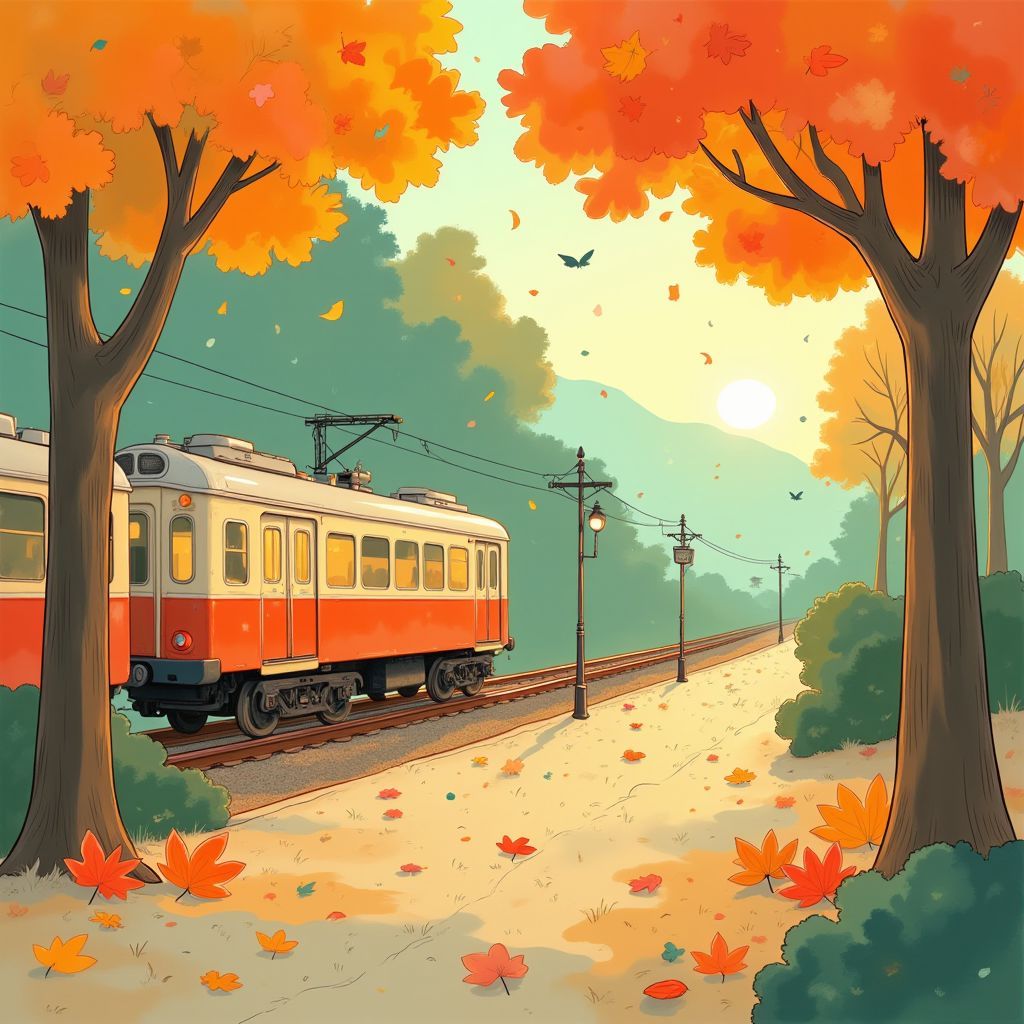 Lo-Fi AI Album Cover — A whimsical illustration of a cozy autumn train platform, with vibrant falling leaves, a vintage-style train waiting under warm golden lights, ethereal atmosphere, soft pastel colors like orange, yellow, and teal, high quality, dreamy and inviting feel, 8k