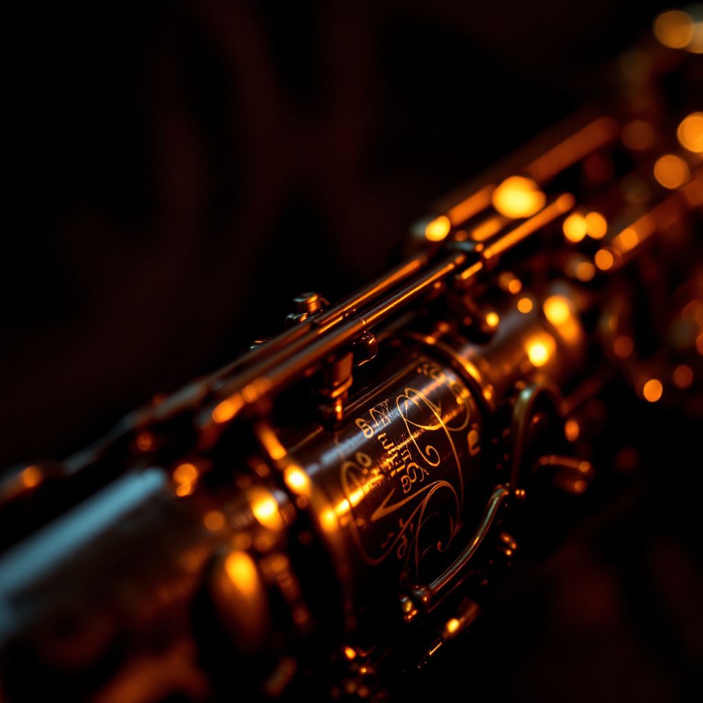 Soul AI Album Cover — Close-up of saxophone with reflections, elegant lighting, gold and black theme, harmonious balance, 8k resolution, photographic precision, moody and rich atmosphere