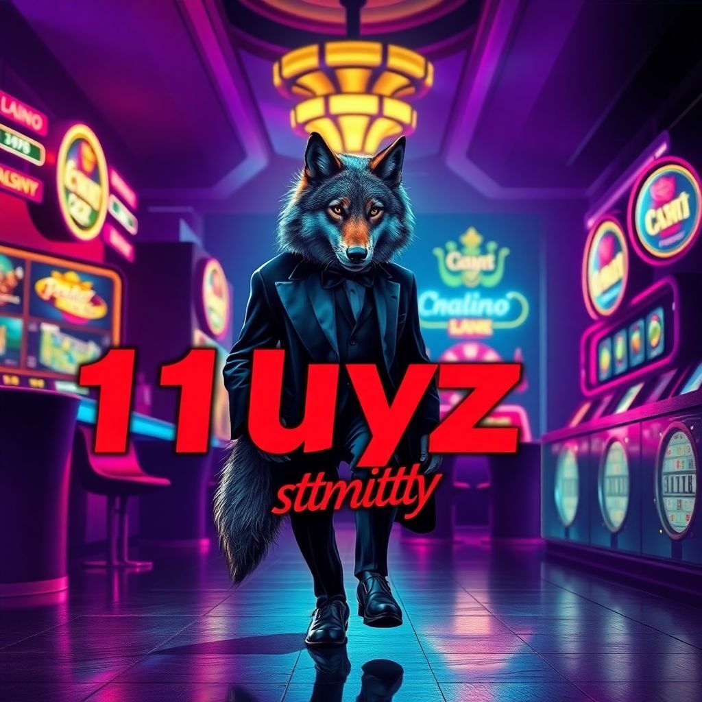 Jazz AI Album Cover — A vibrant jazz album cover featuring a wolf dressed in stylish attire, elegantly striding through a neon-lit casino; with the title "1_хуй с уолл стрит_" artfully integrated into the design, set against a moody, atmospheric background with rich purples and golds, highly detailed, 8k resolution, capturing the essence of nightlife and luxury.