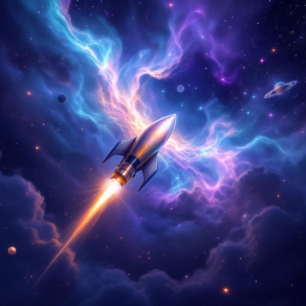 K-Pop AI Album Cover — A vibrant K-Pop album cover featuring a rocket shooting through a starry night sky, with colorful cosmic trails and light bursts; an ethereal and dreamy atmosphere, rich blues and purples, highly detailed, 8k resolution, reflecting themes of dreams, aspiration, and cosmic adventure