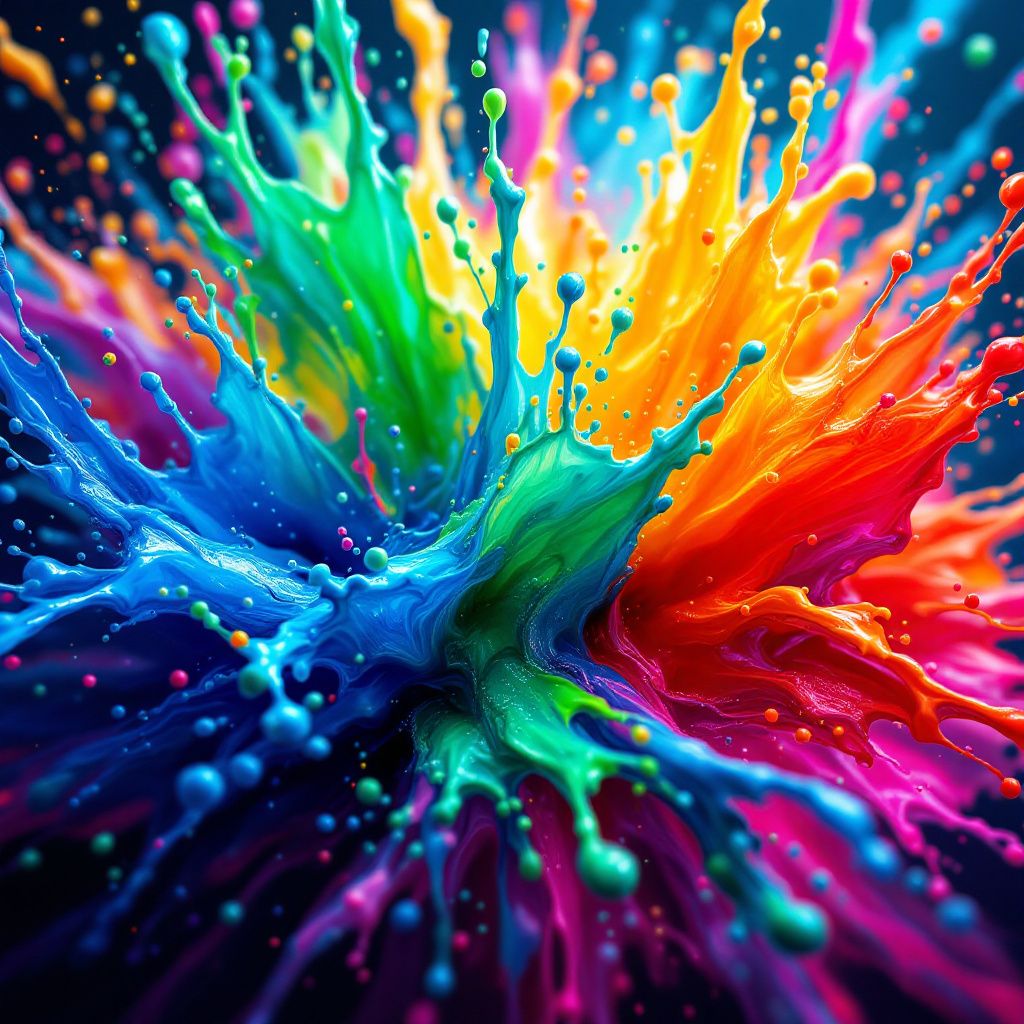 K-Pop AI Album Cover — A vibrant splash of paint in motion, abstract, striking neon colors in 8k, dynamic and cinematic feel, kinetic energy, sharp focus