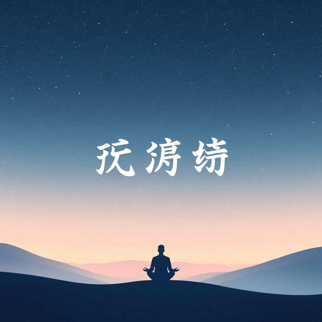 Funk AI Album Cover — An abstract minimalist cover for "声灵觉醒" showcasing a lone figure meditating amidst a cosmic landscape; soft pastel hues blending into a starry night sky, delicate typography integrated into the stars, high quality, serene atmosphere, photorealistic elements, 8k resolution.