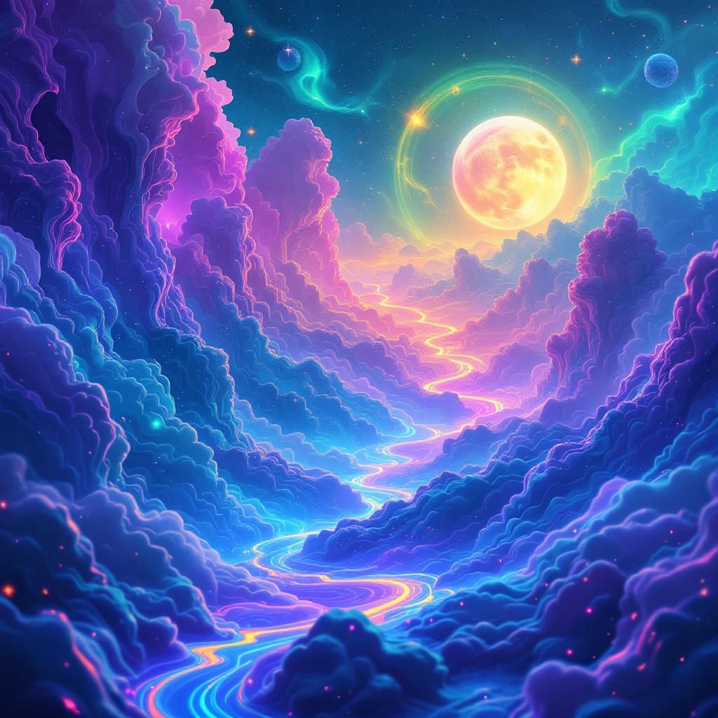 Electronic AI Album Cover — A vibrant, surreal album cover with abstract shapes symbolizing desire and gratitude; a glowing fractal landscape with neon colors, immersive depth, and swirling patterns; ethereal lighting to enhance the emotional themes, highly detailed and photorealistic, 8k resolution.