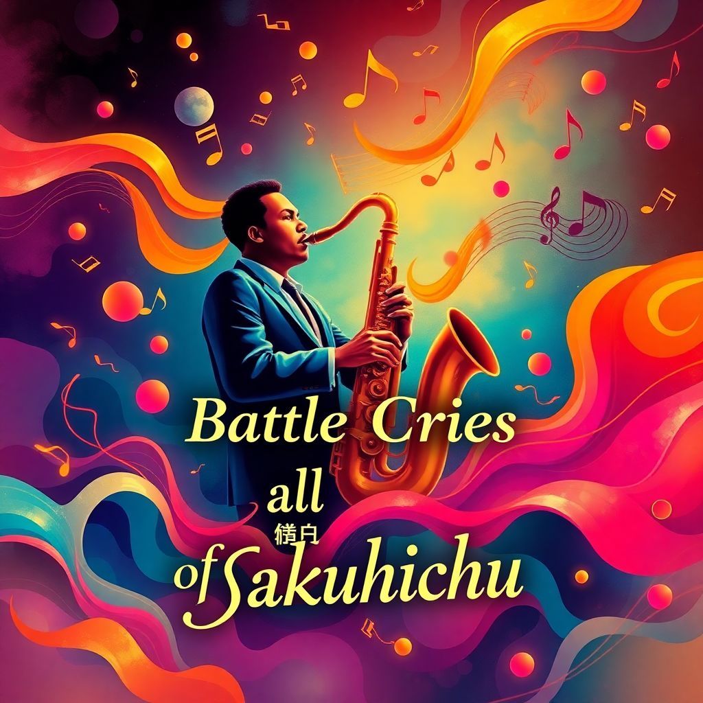 Jazz AI Album Cover — A vibrant jazz album cover featuring a stylized saxophonist surrounded by flowing musical notes; in a surreal, colorful environment with floating abstract shapes; integrated text that reads "Battle Cries of Sakuhichu" in elegant lettering; warm lighting, soft shadows, highly detailed, 8k resolution, photorealistic atmosphere, expressive and dynamic colors