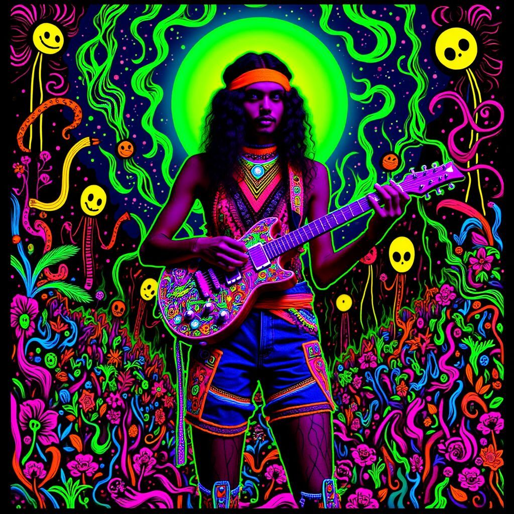Reggae AI Album Cover — A vibrant black light reggae album cover with a central figure playing guitar amid swirling psychedelic patterns; glowing neon colors of green, yellow, and pink, featuring tropical plants and a sunset background; high contrast, dreamy atmosphere, intricate details, high quality