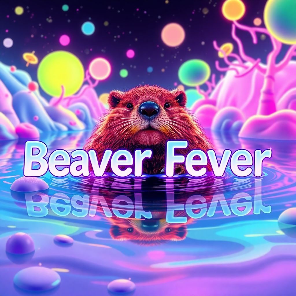 Synth-Pop AI Album Cover — A vibrant and surreal synth-pop album cover featuring a beaver immersed in a whimsical water landscape, with the title 'Beaver Fever' boldly integrated into the scene; neon colors, reflective water, dreamy lighting, highly detailed, 8k resolution, playful and energetic atmosphere.